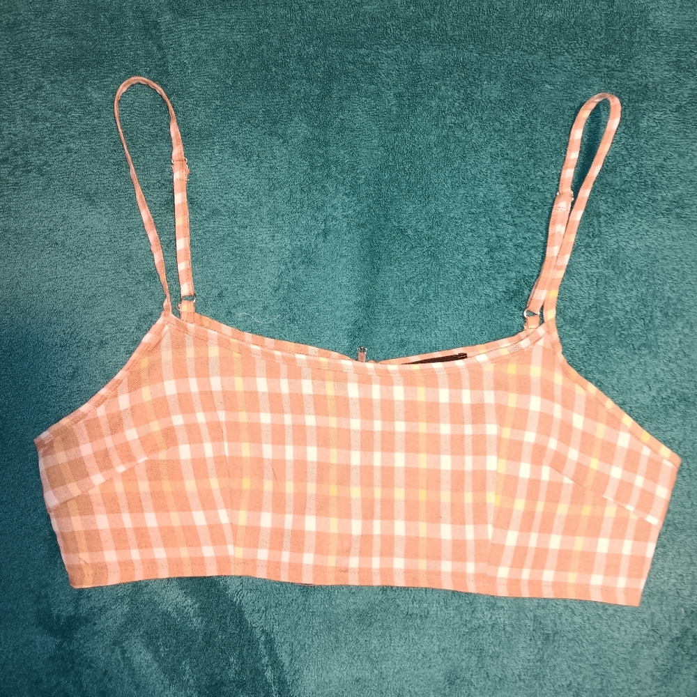 Nwot Pretty Little Thing Sz 4 Gingham Checkered Neutral Crop Top Zip Back